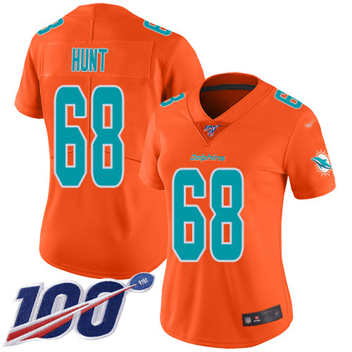 Nike Miami Dolphins #68 Robert Hunt Orange Women Stitched NFL Limited Inverted Legend 100th Season Jersey->women nfl jersey->Women Jersey